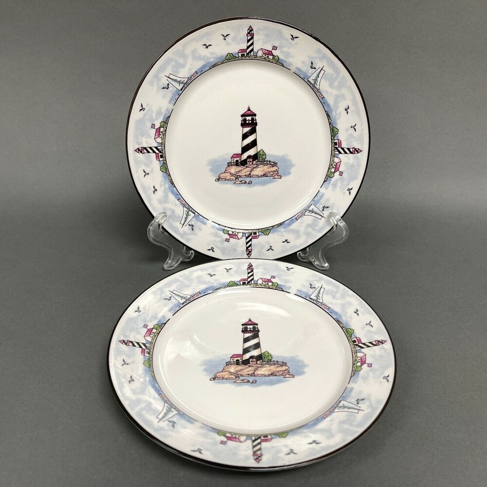Stoneware Light‎ House Sailboats White Blue Salad Plates 7 5/8" Lot of 2